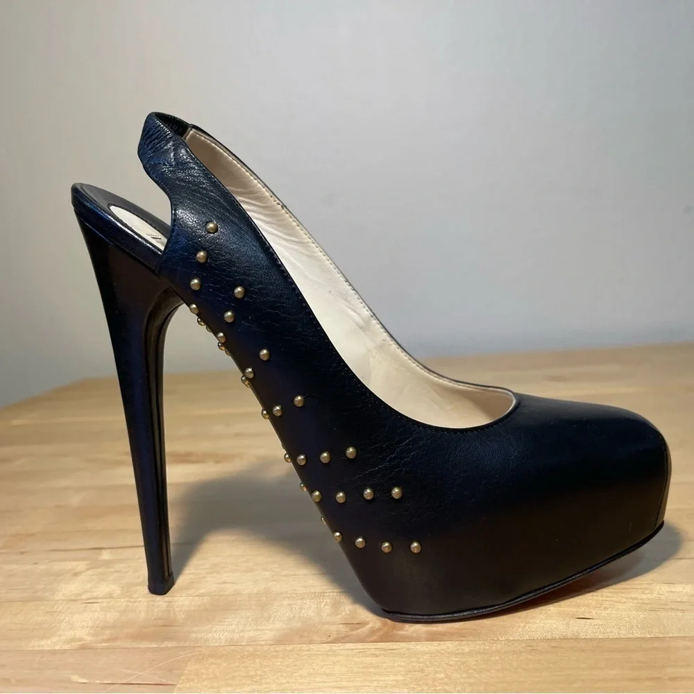 B Brian Atwood Black Studded Leather Platform Slingback Pumps Designer Heels